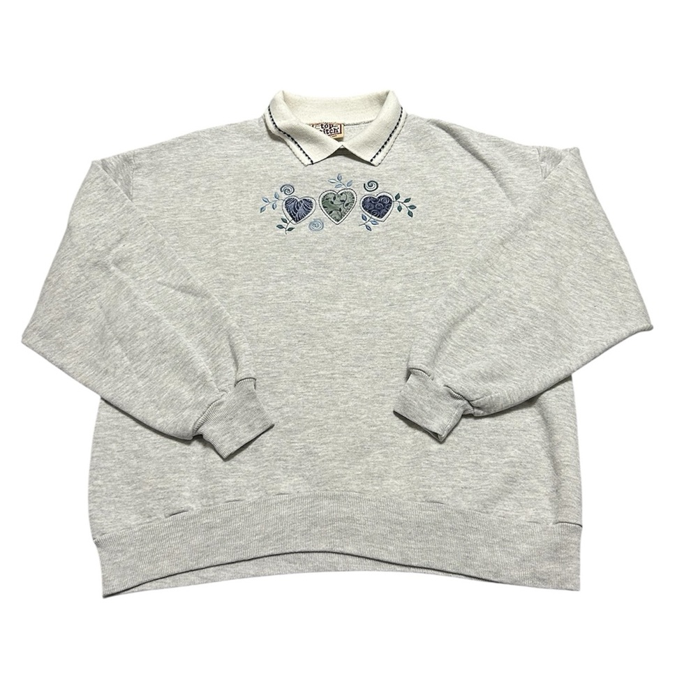 Vintage 90s Women’s Large Hearts Embroidered Collared Grandma Sweatshirt